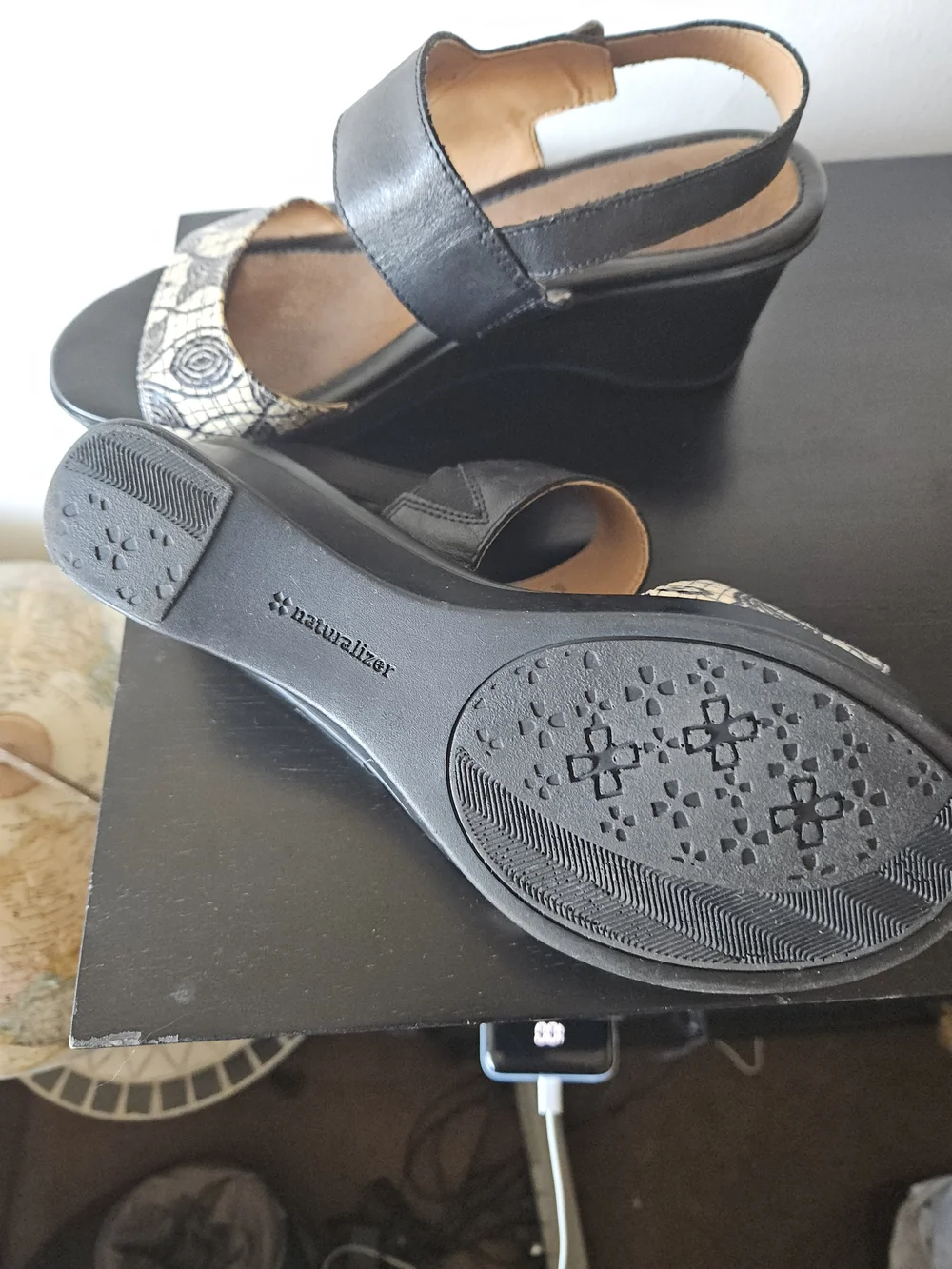 Naturalizer Black and Cream Wedge Sandals with Patterned Toe Strap